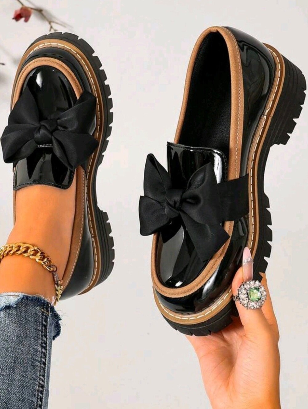 Women's Bow Decor Round Toe Thick Sole Loafers, Retro Preppy Style Suitable